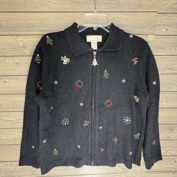 Studio Works Christmas Sweater Womens Small Embroidered Embellished Ugly Zipper - Picture 1 of 13